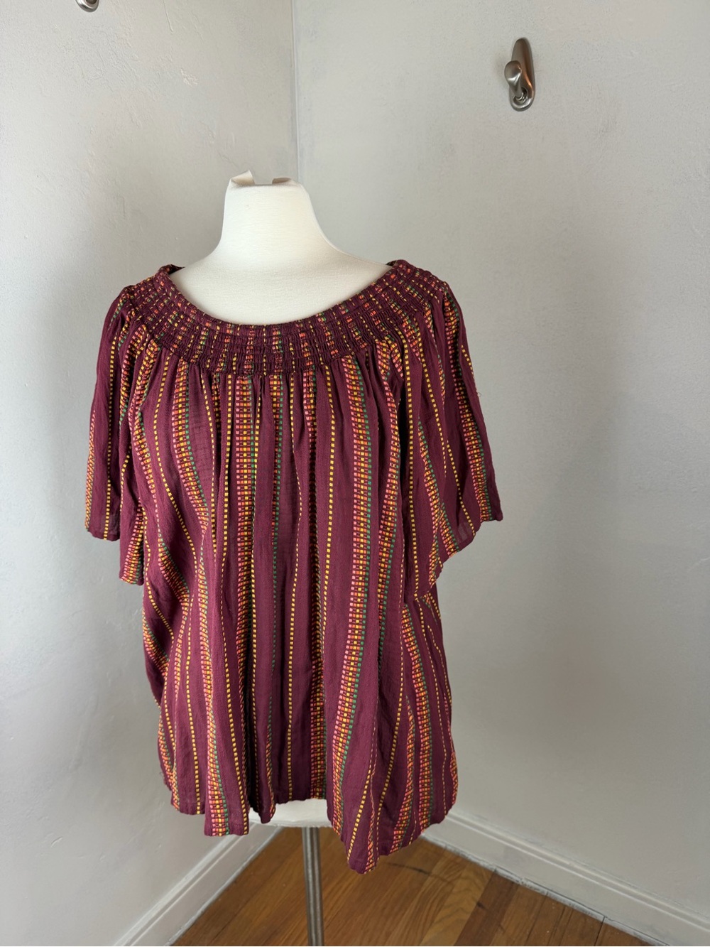 Ace & Jig 2X Women's Smocked Neck Stripe Peasant Top - Burgundy